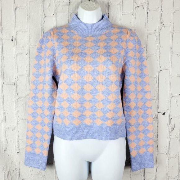 THML Sweaters - THML diamond pattern ribbed trim hem mock neck puff sleeve sweater top